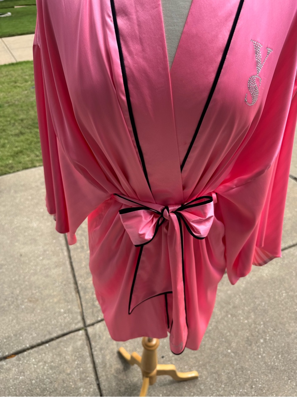 Victoria's Secret Hot Pink Satin Robe with Black Piping